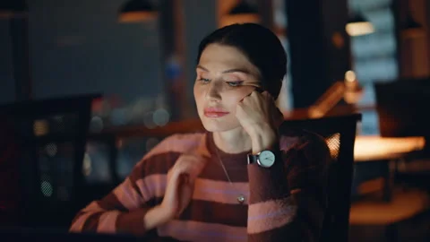 Fatigued staff working laptops at dark workspace closeup. Tired woman man Stock Footage 340112668