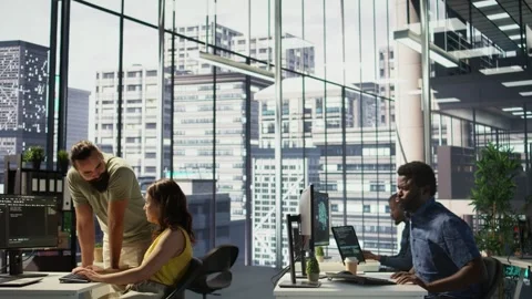 Fatigued worker relaxing back, feeling strained after working with AI all day Stock Footage 318238955