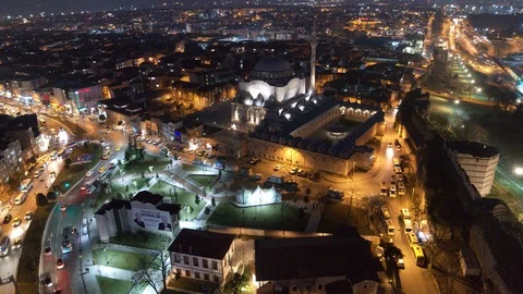 Fatih Mihrimah Sultan Mosque In Istanbul, Turkey. Aerial Drone Night Shot 4k Stock Footage