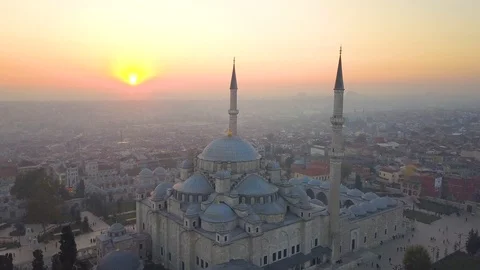 Fatih mosque flying backwards at sundown Stock Footage 102587853