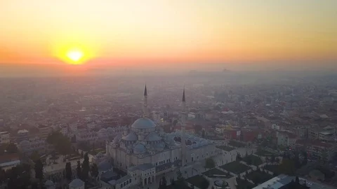 Fatih mosque flying close at sundown Stock Footage 102589023