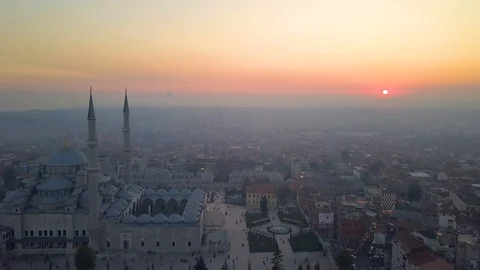 Fatih mosque flying close at sundown02 Stock Footage 102588685