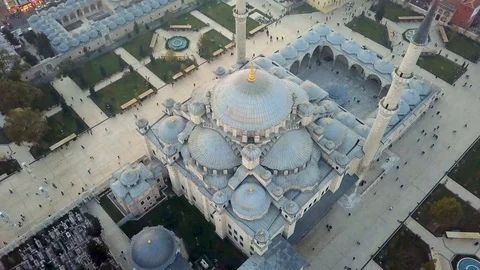 Fatih mosque flying fall down style at sundown Stock Footage 102589923
