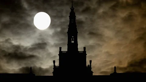 Fatima Religious Complex by Night with Full Moon and Dark Atmosphere, Portugal Stock Footage 130586352
