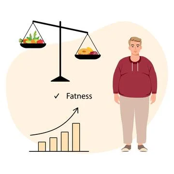 Fatness concept with overweight man facing food scales and graph symbolizin.. Stock Illustration