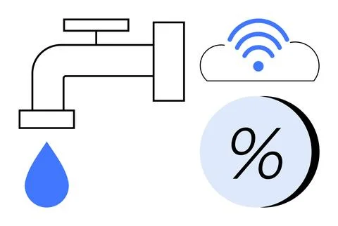Faucet with blue water drop, cloud with wireless signal icon, and a percentag Stock Illustration