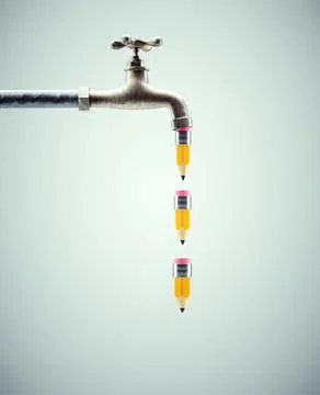 Faucet flowing with small pencils. Creative block and inspiration concept. Stock Illustration