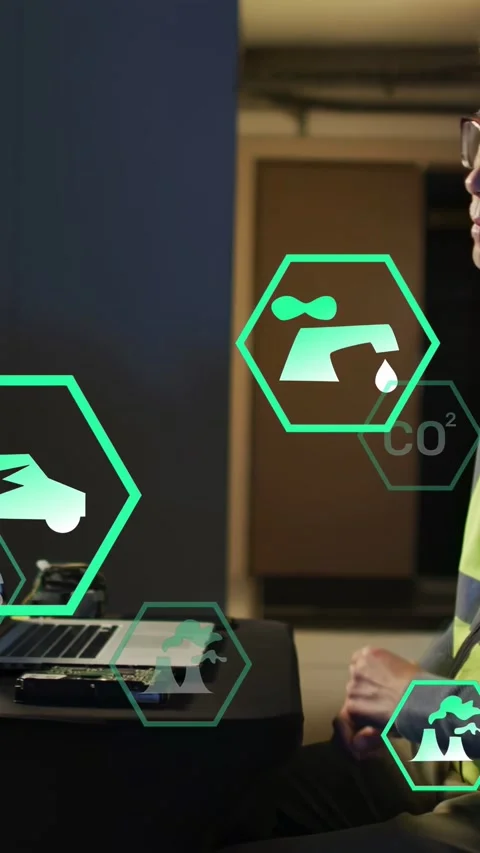 Faucet icon moving, tech entering, sitting, typing laptop, monitoring energy as 스톡 동영상 332747912