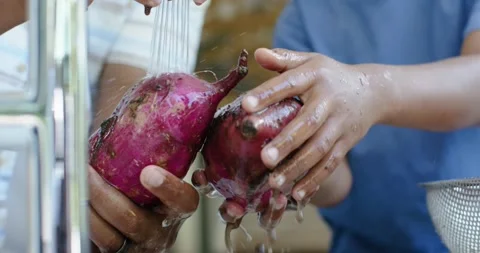 Faucet is running as two hands are rinsing purple yams at kitchen sink for 스톡 동영상 341932665