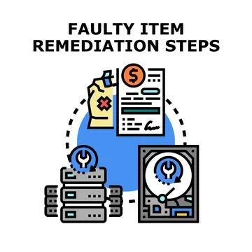 Faulty item remediation steps process illustration Stock Illustration