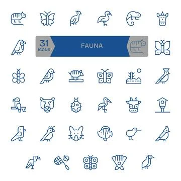 Fauna 64x64 Vector Icon Pack with 35 Regular Line PIXEL Perfect Elements Stock Illustration