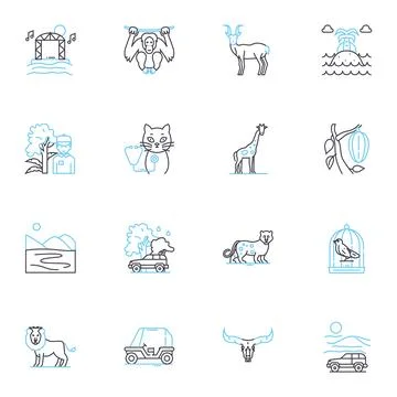 Fauna linear icons set. Lion, Giraffe, Leopard, Rhino, Elephant, Gorilla, Tiger Stock Illustration