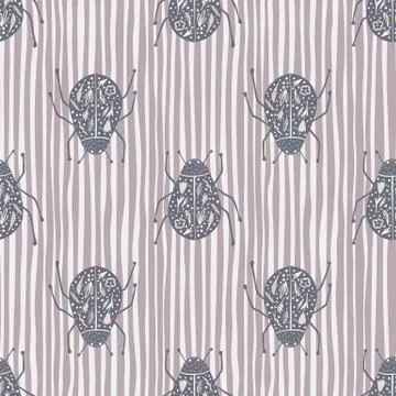 Fauna seamless pattern with folk bugs silhouettes. Pale purple insects print  Illustrazione stock