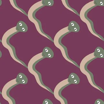 Fauna seamless pattern with green pale snakes shapes. Purple background. Anim Stock Illustration