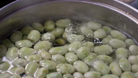 Fava beans being blanched in in boiling, salted water Stock Footage 88110959