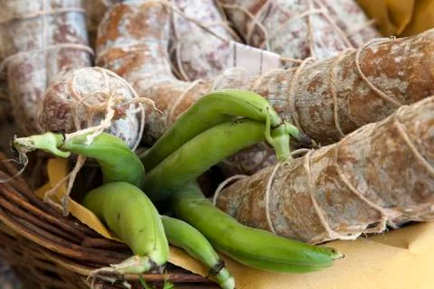 Fave e salame, beans with salami and sheep cheese Stock Photos