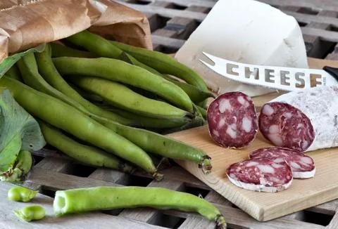 Fave e salame, beans with salami and sheep cheese Stock Photos