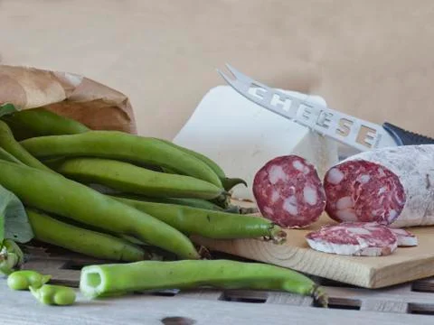 Fave e salame, beans with salami and sheep cheese Stock Photos