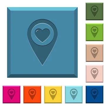 Favorite GPS map location engraved icons on edged square buttons Stock Illustration