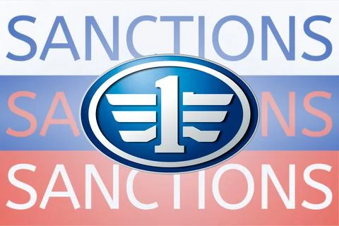 FAW Group logo in front of the Russian flag. Sanctions against Russia over its Stock Illustration