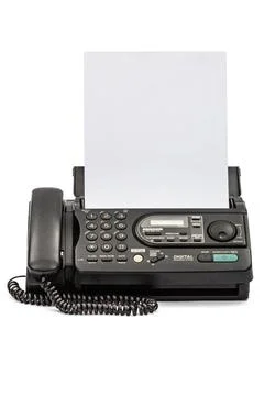 Fax machine with document, isolated on white background Fax machine with d... Foto stock