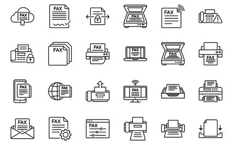 Fax Machine Document Scan Printing Line Icon Set Иллюстрация