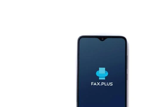 Fax Plus app launch screen with logo on the display of a black mobile smartph Stock Photos