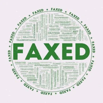 Faxed - round badge. Text faxed with keywords word clouds and circular text.. Stock Illustration