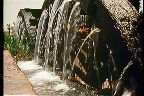 FAYOUM OASIS, EGYPT, 1977, An irrigation waterwheel in the Fayoum Oasis in Egypt Stock Footage 10724882