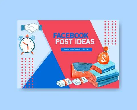 FB social media design with document file, money, clock watercolor illustrati Stock Illustration