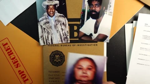 FBI Case File Folder and Hand Placing Photos of Famous Drug Lords and Cocaine Stock Footage 323878102