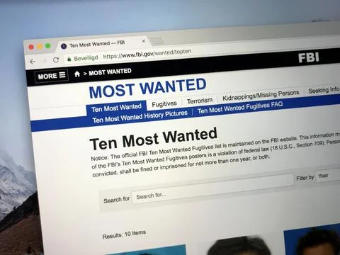 The FBI website of Ten Most Wanted Fugitives Stock Photos