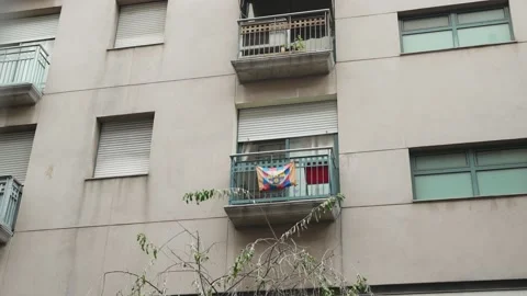 FC Barcelona Flag hangs on a balcony in Barcelona, Spain Stock Footage 201749532
