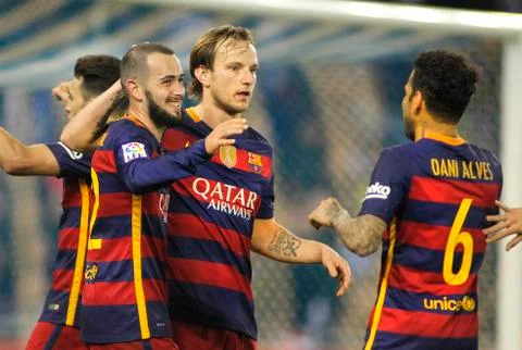 FC Barcelona players Aleix Vidal, Rakitic and Alves celebrating goal Stock Photos