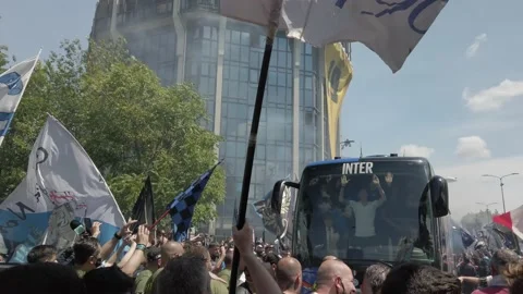 F.C. INTER PLAYERS SINGING AND DANCING WITH FANS Stock Footage 154595278