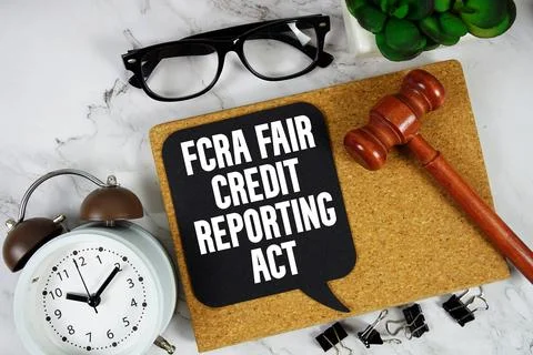 FCRA Fair Credit Reporting Act text on speech bubble with alarm clock and w.. Stock Photos