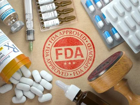 FDA approved concept. Rubber stamp with FDA and medicine. Stock Photos