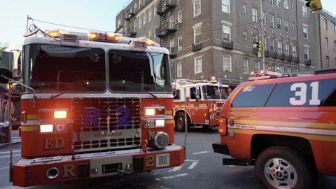 FDNY Emergency. Fire in Brooklyn. Fire department trucks and engine Stock-Footage 200706749