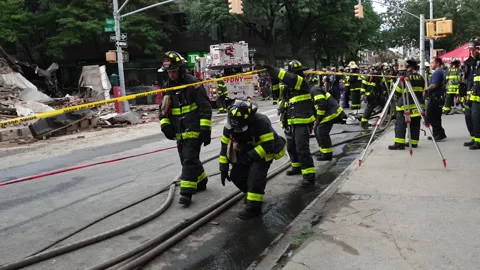 FDNY - NYC Firefighters respond &amp; work at site of building collapse in Brooklyn Stock Footage 134201237