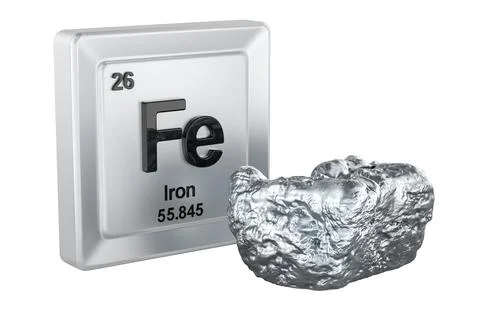 Fe element tile with iron raw metal sample. 3D rendering Illustrazione stock