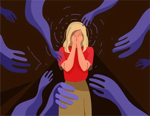 Fear, addiction concept vector illustration. Psychological influence. Sad young Stock Illustration