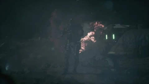 Fear and panic of the camouflaged robot during the attack on the base 02 Stock Footage 249775293