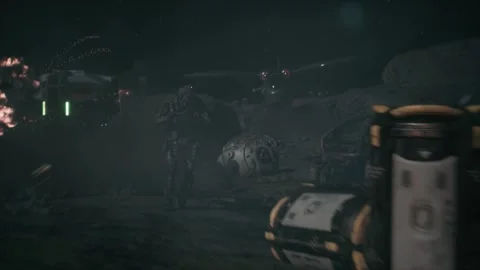 Fear and panic of the camouflaged robot during the attack on the base 04 Stock Footage 249776276