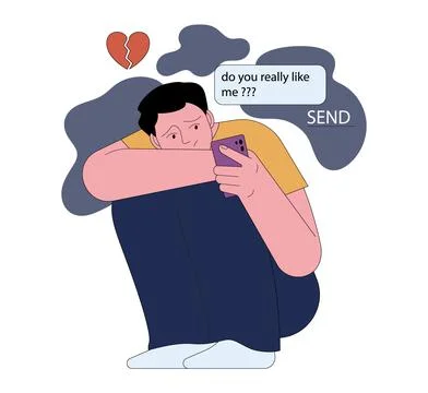 Fear of being unloved. Insecure and sad young man texting to his lover. Stock Illustration