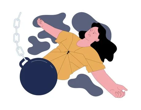 Fear of emotional overwhelm. Exhausted scared woman burdened Stock Illustration
