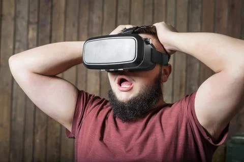 Fear man with vr. Virtual reality glasses Stock Photos
