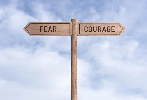 Fear or Courage concept. Words in opposite directions on signpost with sky Stock Illustration