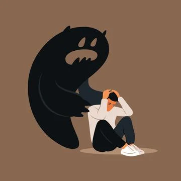 Fear or panic attack. Sad man with lowered head frightened with his own shado Stock-Illustration