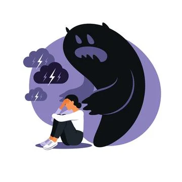 Fear or panic attack. Sad woman with lowered head frightened with his own sha Stock Illustration