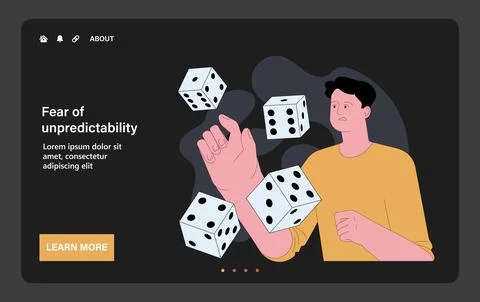 Fear of unpredictability. Apprehensive scared man throwing dice, signifying Illustrazione stock